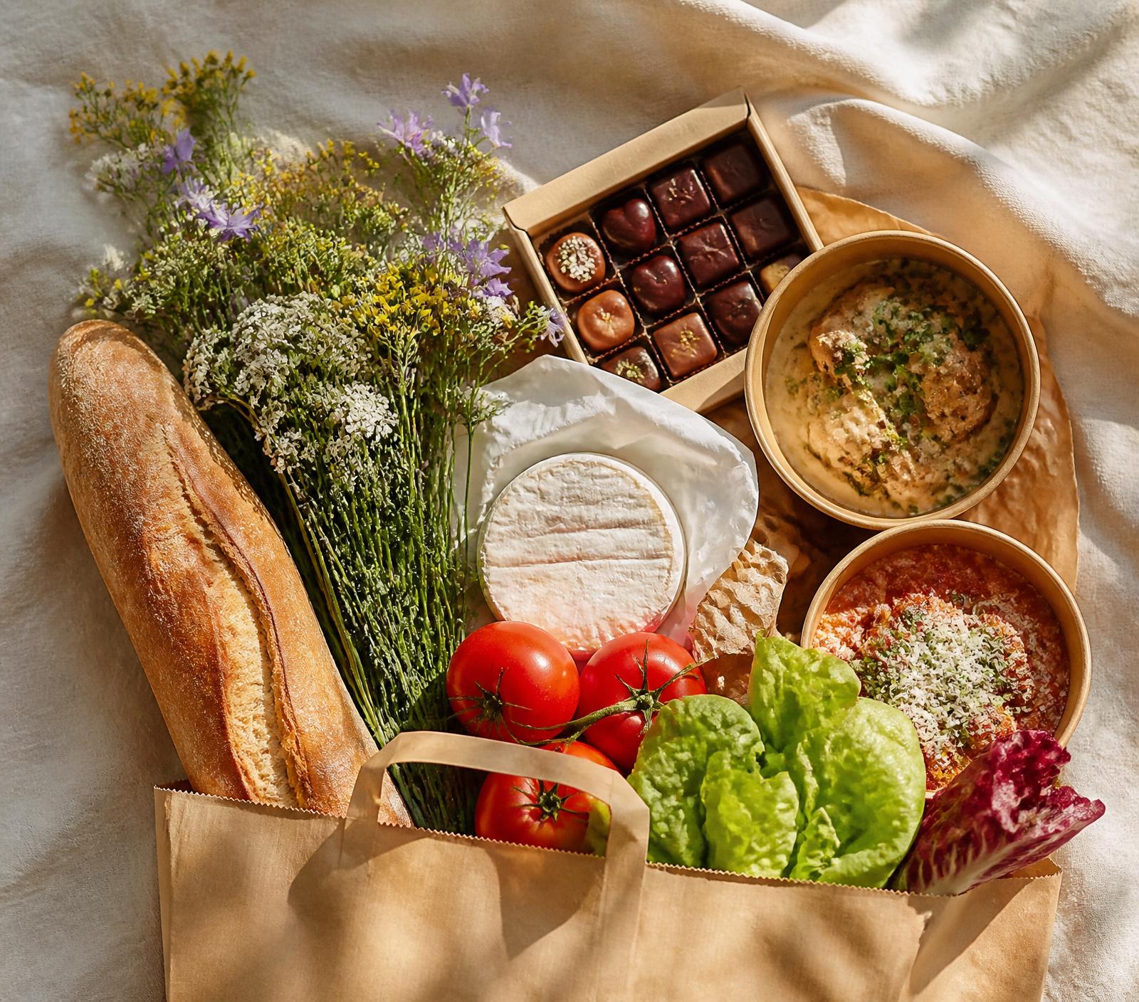 Een Pakko-tas gevuld met vers brood, kaas, groenten en fruit